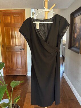 Evan-Picone Black Draped Surplice Sheath Dress Cap Sleeve Ruched Waist Size 6